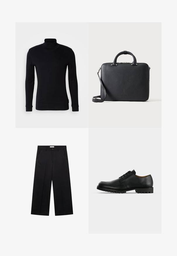 Sort langærmet turtleneck-trøje lavet af blødt stof. Har et tætsiddende design med ribbede manchetter og en glat overflade. Ingen mønstre eller logoer.; Sorte vidde bukser med bæltestropper, sidelommer, forreste knaplukning og lynlås, vist fladt på en hvid baggrund.; Sort lædersko med snørebånd, tyk rillede sål og lav hæl vist på en hvid baggrund.; Sort tekstureret lædermappe med dobbelte håndtag, aftagelig skulderrem og top lynlåslukning på en ensartet lys baggrund.