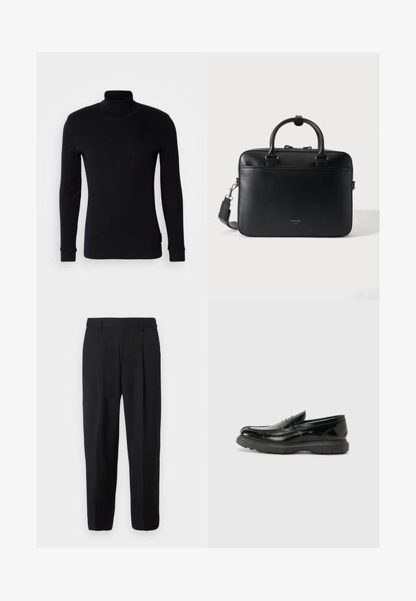 Sort langærmet turtleneck-trøje lavet af blødt stof. Har et tætsiddende design med ribbede manchetter og en glat overflade. Ingen mønstre eller logoer.; Sorte bukser med lige ben design, lavet af vævet stof, med en flad front, bæltestropper og to sidelommer.; Sort læderloafer med en blank finish, rund tå, subtile syninger og en tyk gummisål for holdbarhed.; Sort lædermappe med dobbelte håndtag og aftagelig skulderrem, minimalistisk design på ensfarvet baggrund.