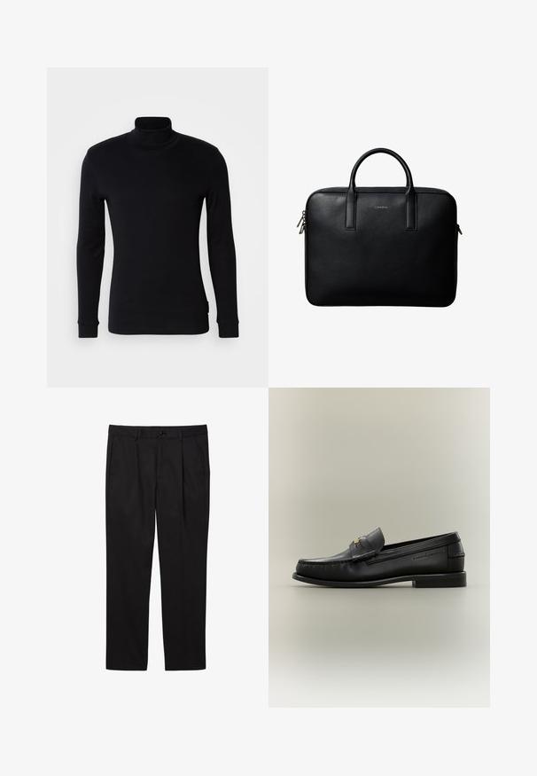 Sort langærmet turtleneck-trøje lavet af blødt stof. Har et tætsiddende design med ribbede manchetter og en glat overflade. Ingen mønstre eller logoer.; Sorte herre formelle bukser med forlommer, bæltestropper, knaplukning og lige ben.; Sort læder slip-on loafer med lav hæl, guldbeslag og præget mærkenavn på siden mod en neutral baggrund.; Sort tekstureret lædermappe med dobbelte håndtag og sølv lynlås, centreret på hvid baggrund.