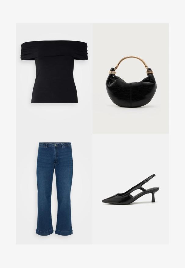 Sort off-shoulder top lavet af blødt stof. Har draperede detaljer langs ærmerne og en tætsiddende silhuet.; Højtaljede blå jeans med lige ben og bred kant, lavet af denim. Har et klassisk fem-lomme design og lukning med metalknap.; Sorte slingback hæle med spidse tæer, lavet af blankt materiale, med udskæringsdetaljer og en moderat hæl for støtte.; Sort halvmåneformet håndtaske med tekstureret overflade og et guldtonet stift håndtag med spiral-lignende udsmykninger.