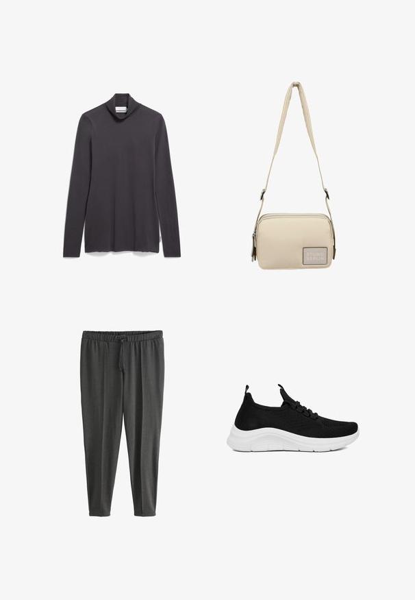 Top à manches longues et col montant en gris foncé, fabriqué dans un tissu doux. Présente une coupe décontractée avec des fentes latérales et une étiquette sur la couture inférieure gauche.; Pantalon de jogging léger gris foncé en tissu doux. Comprend une taille élastique avec cordon de serrage et des jambes fuselées. Texture lisse.; Baskets en tissu tricoté noir avec semelle épaisse blanche, lacets à l'avant, et languettes aux talon et à la languette, vue latérale sur fond blanc.; Sac bandoulière beige avec une texture lisse et rembourrée, fermeture zippée et un patch logo. Il dispose d'une fine bandoulière réglable.