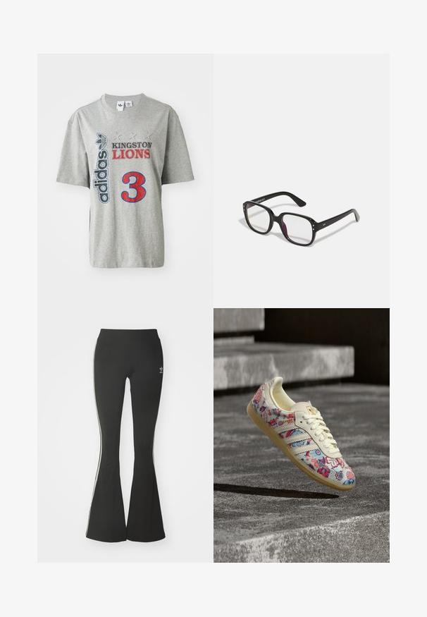 Hallhallane puuvillane t-särk, millel on "adidas" logo, punase ja musta värviga "KINGSTON LIONS" tekst ning suur punane number "3" graafika ees. Lühikesed varrukad.; Mustad laiad leggingud venivast kangast, kõrgema vöökohtaga ja valgete külgtriipudega. Sisaldab väikest logo vöökohtadel.; Valge toss punaste ja siniste lillemustrite, kreemja tallaga ja paeltega, hõljumas hallide betoonastmete kohal väliskeskkonnas.; Mustad mustad prillid selgete läätsedega, ringikujuliste servade ja külgaktsentidega, läikiva viimistlusega raami ja kätega.