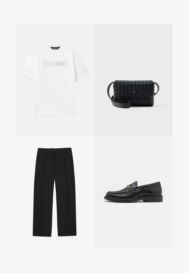 Weißes Baumwoll-T-Shirt mit kurzen Ärmeln und lockerer Passform. Mit "Just Cavalli" in Silber auf der Brust gestickt.; Schwarze Hose mit geradem Bein, ausgestattet mit Falten, seitlichen Taschen und einem flachen Bund. Hergestellt aus glattem Stoff mit mattem Finish.; Schwarze Lederleter mit einer abgerundeten Zehenpartie, ausgestattet mit goldenen Hardwareakzenten und Stichdetails, auf einer niedrigen, strukturierten Gummisohle.; Schwarze, strukturierte Umhängetasche mit Klappverschluss und kleinem Metalllogo auf der Vorderseite, vor einem schlichten Hintergrund präsentiert.