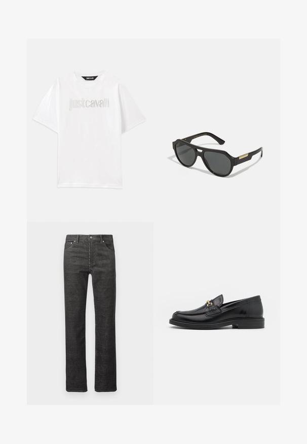 Weißes Baumwoll-T-Shirt mit kurzen Ärmeln und lockerer Passform. Mit "Just Cavalli" in Silber auf der Brust gestickt.; Schwarze Cordstoff-Jeans im Straight-Leg-Schnitt mit Front- und Gesäßtaschen, Gürtelschlaufen und Knopfverschluss auf weißem Hintergrund.; Schwarze Lederleter mit einer abgerundeten Zehenpartie, ausgestattet mit goldenen Hardwareakzenten und Stichdetails, auf einer niedrigen, strukturierten Gummisohle.; Schwarze Sonnenbrille mit einem geometrischen Rahmen, getönten Gläsern und goldenen Akzenten an den Bügeln. Glattes Kunststoffmaterial mit mattem Finish.