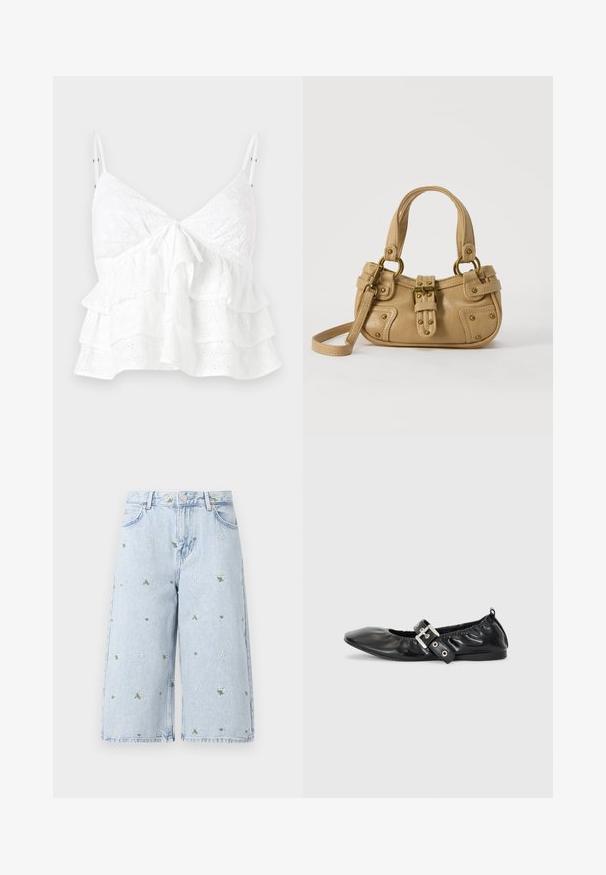 Witte mouwloze top met een V-hals, een strikdetail aan de voorkant en gelaagde ruches met oogjes borduursel overal.; Licht gewassen denim shorts met bloemenborduurwerk, met madeliefjes en groene bladeren. Klassiek vijf-pocket ontwerp en een rafelige zoom.; Zwarte leren platte schoen met een spitse neus, geplooide details rond de opening en een zilveren gespaccentueerde verstelbare band.; Beige leren handtas met dubbele handvatten, messing gesps en klinknagel details, en een verstelbare schouderriem tegen een witte achtergrond.