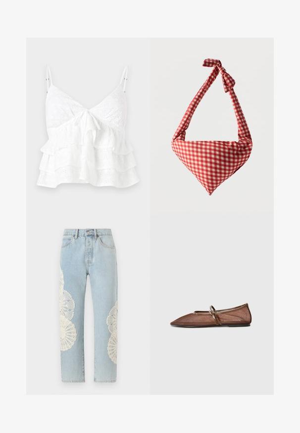 Witte mouwloze top met een V-hals, een strikdetail aan de voorkant en gelaagde ruches met oogjes borduursel overal.; FRAME THE VERTICAL - Straight leg jeans - wisp; Hete bruine mesh ballerina's met een spitse neus, een dunne leren band en een platte zool. De bovenkant heeft een doorzichtig textuur.; Zachte stoffen schoudertas met rood-wit geruit patroon, geknoopte handgreep en driehoekige vorm tegen een effen achtergrond.
