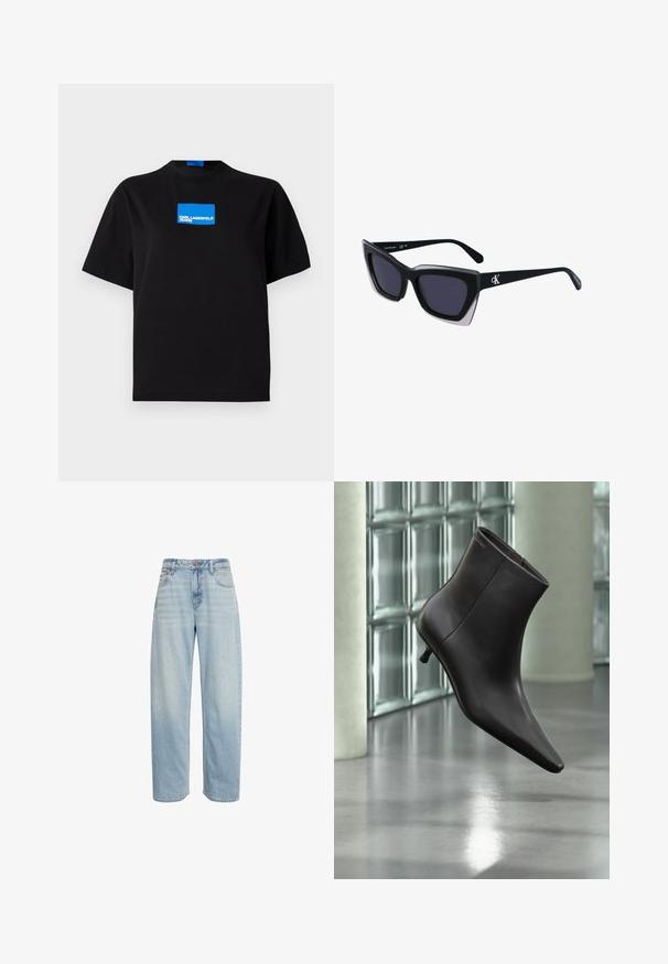 Camiseta de algodón negra con cuello redondo, que presenta un logo gráfico rectangular azul etiquetado "KARL LAGERFELD JEANS" en la parte frontal.; Vaqueros azul claro de talle alto y pierna recta, con cinco bolsillos y cierre de botón, mostrados sobre un fondo blanco.; Bota de cuero negro para el tobillo con puntera puntiaguda y tacón pequeño, exhibida frente a una pared de bloques de vidrio y un suelo pulido.; Gafas de sol negras de gran tamaño con una forma geométrica, que presentan lentes oscuros y un detalle gris contrastante en la montura. Logo en la pata.