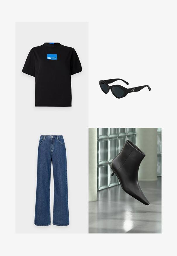 Čierne bavlnené tričko s okrúhlym výstrihom, na prednej strane s modrým obdĺžnikovým grafickým logom s nápisom "KARL LAGERFELD JEANS".; Džíny s širokými nohavicami z modrej denimu s vysokým pásom, so prednými vreckami a jedným gombíkom na zapínanie. Štruktúrovaná tkanina s viditeľným šitím.; Čierna kožená členková obuv s ostrou špičkou a nízkym podpätkom, zobrazená na pozadí steny zo sklenených blokov a leštenej podlahy.; Čierne slnečné okuliare v štýle mačacích očí s lesklým povrchom, tmavými sklami a logom "cK" na spánku. Ostrý dizajn a hrubé rámy.