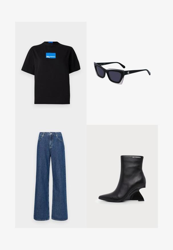 Camiseta de algodón negra con cuello redondo, que presenta un logo gráfico rectangular azul etiquetado "KARL LAGERFELD JEANS" en la parte frontal.; Vaqueros de mezclilla azul de pierna ancha con una cintura alta, que presentan bolsillos frontales y un cierre de un solo botón. Tejido texturizado con costuras visibles.; Botín negro de cuero con tacón curvado y esculpido y logo de Karl Lagerfeld cerca del borde superior sobre un fondo blanco.; Gafas de sol negras de gran tamaño con una forma geométrica, que presentan lentes oscuros y un detalle gris contrastante en la montura. Logo en la pata.