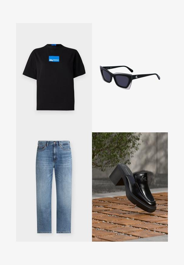 Camiseta de algodón negra con cuello redondo, que presenta un logo gráfico rectangular azul etiquetado "KARL LAGERFELD JEANS" en la parte frontal.; Vaqueros denim azul claro de pierna recta con cinco bolsillos, cierre de botones y detalles sutiles deslavados en la parte frontal de los muslos.; Mule tipo slip-on de cuero negro de Calvin Klein con tacón de bloque descansando sobre baldosas de madera al aire libre cerca de una planta verde y una pared gris.; Gafas de sol negras de gran tamaño con una forma geométrica, que presentan lentes oscuros y un detalle gris contrastante en la montura. Logo en la pata.