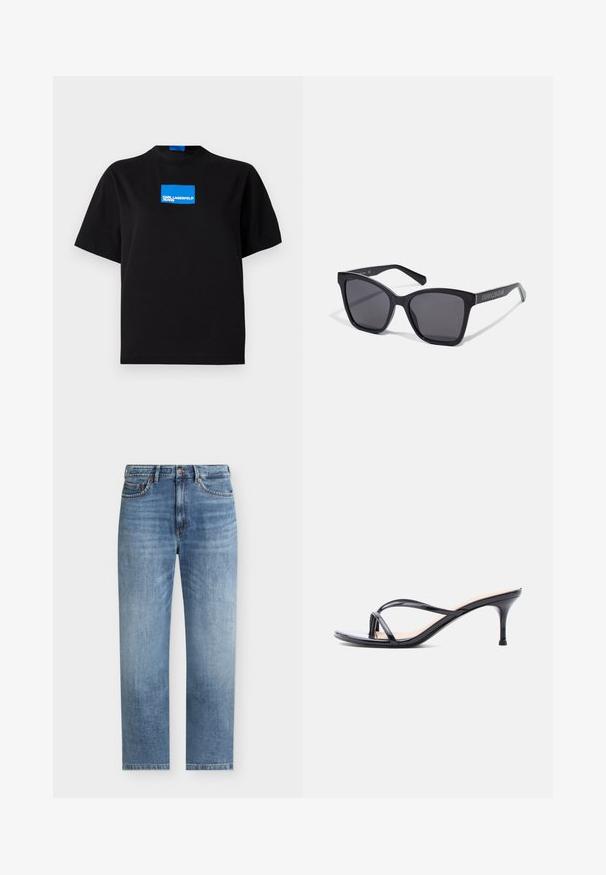 Zwarte katoenen t-shirt met ronde hals, voorzien van een blauwe rechthoekige grafische logo met de tekst "KARL LAGERFELD JEANS" aan de voorkant.; Lichtblauwe recht gesneden spijkerbroek met vijf zakken, knoopsluiting en subtiele vervaagde details aan de voorkant van de dijen.; Zwarte laklederen sandaal met hakken, dunne gekruiste bandjes en een slanke, middelhoog stilettohak op een witte achtergrond.; Zwarte rechthoekige zonnebril met donkere lenzen en glanzende montuur. Voorzien van zilveren branding aan de zijkant. Vierkante vorm met stevige pootjes.