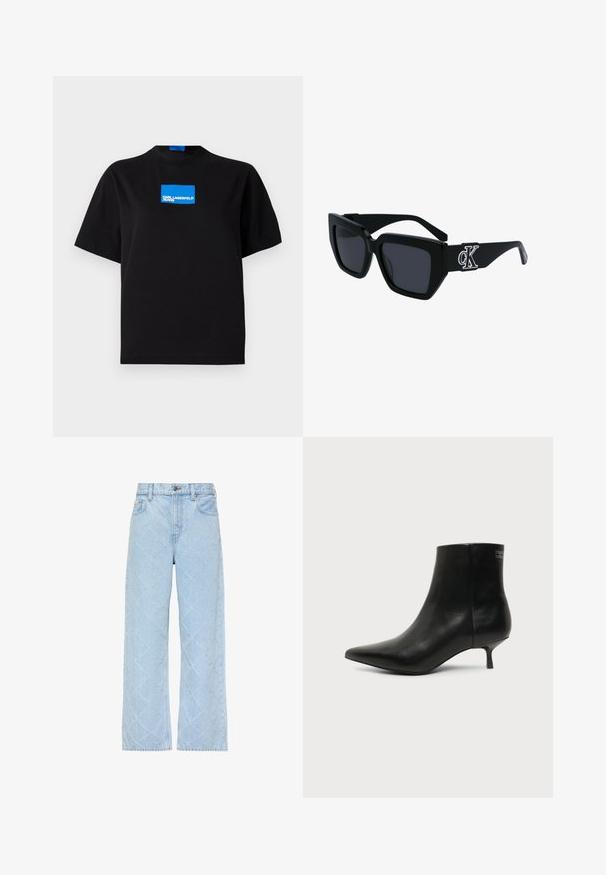 Camiseta de algodón negra con cuello redondo, que presenta un logo gráfico rectangular azul etiquetado "KARL LAGERFELD JEANS" en la parte frontal.; Vaqueros de mezclilla azul claro con cintura alta y piernas anchas, con un sutil patrón acolchado de diamantes por todo el tejido.; Botín de piel negra con puntera puntiaguda y tacón bajo estilo kitten sobre fondo claro, mostrando vista lateral exterior.; Gafas de sol de montura cuadrada negra con lentes oscuros, textura mate y un detalle del logo plateado de CK en la patilla.