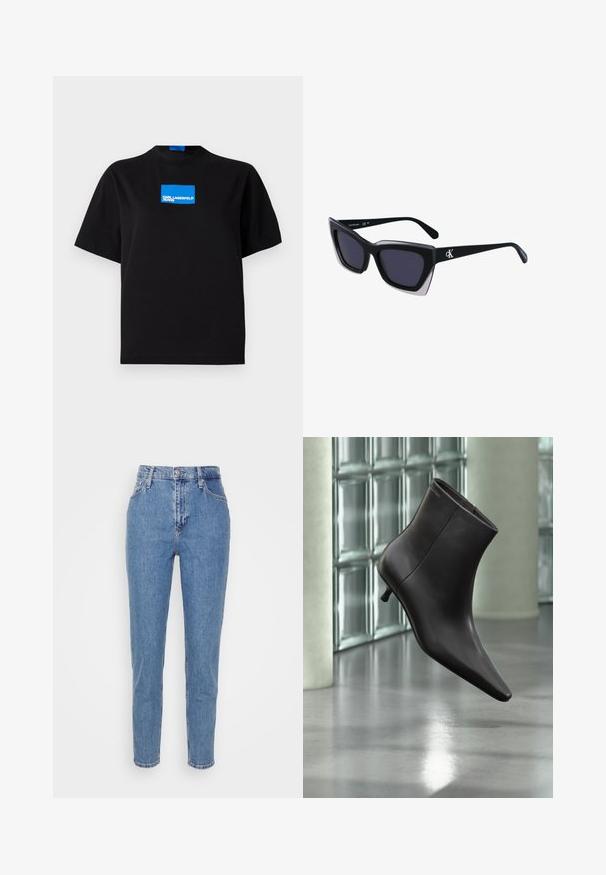 Čierne bavlnené tričko s okrúhlym výstrihom, na prednej strane s modrým obdĺžnikovým grafickým logom s nápisom "KARL LAGERFELD JEANS".; Modré vysoko sohnuté rovné nohavice s predným gombíkom a zipsom, pútka na opasok a vrecká, vystavené na jednoduchom bielom pozadí.; Čierna kožená členková obuv s ostrou špičkou a nízkym podpätkom, zobrazená na pozadí steny zo sklenených blokov a leštenej podlahy.; Čierne oversized slnečné okuliare s geometrickým tvarom, s tmavými šošovkami a kontrastným šedým detailom na ráme. Logo na mostíku.