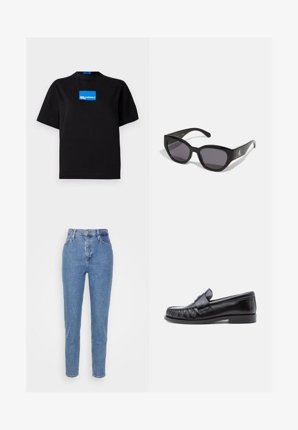 Čierne bavlnené tričko s okrúhlym výstrihom, na prednej strane s modrým obdĺžnikovým grafickým logom s nápisom "KARL LAGERFELD JEANS".; Modré vysoko sohnuté rovné nohavice s predným gombíkom a zipsom, pútka na opasok a vrecká, vystavené na jednoduchom bielom pozadí.; Čierne kožené mokasíny s okrúhlou špičkou, výrazným prešívaním a ozdobným pásikom cez priehlavok. Hladký povrch a nízky opätok.; Čierne slnečné okuliare so štýlovým, uhlyzovaným dizajnom, tmavými sklami a kontrastným strieborným logom po stranách. Hladká plastová textura.