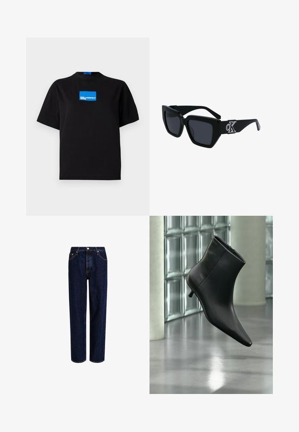 Camiseta de algodón negra con cuello redondo, que presenta un logo gráfico rectangular azul etiquetado "KARL LAGERFELD JEANS" en la parte frontal.; Jeans de mezclilla azul oscuro con un diseño de pierna recta, que presentan una cintura alta, estilo de cinco bolsillos y costuras en contraste. Sin adornos.; Botín negro de cuero con punta puntiaguda y tacón bajo estilo kitten, mostrado en ángulo sobre un suelo pulido y con una pared de bloques de vidrio de fondo.; Gafas de sol de montura cuadrada negra con lentes oscuros, textura mate y un detalle del logo plateado de CK en la patilla.