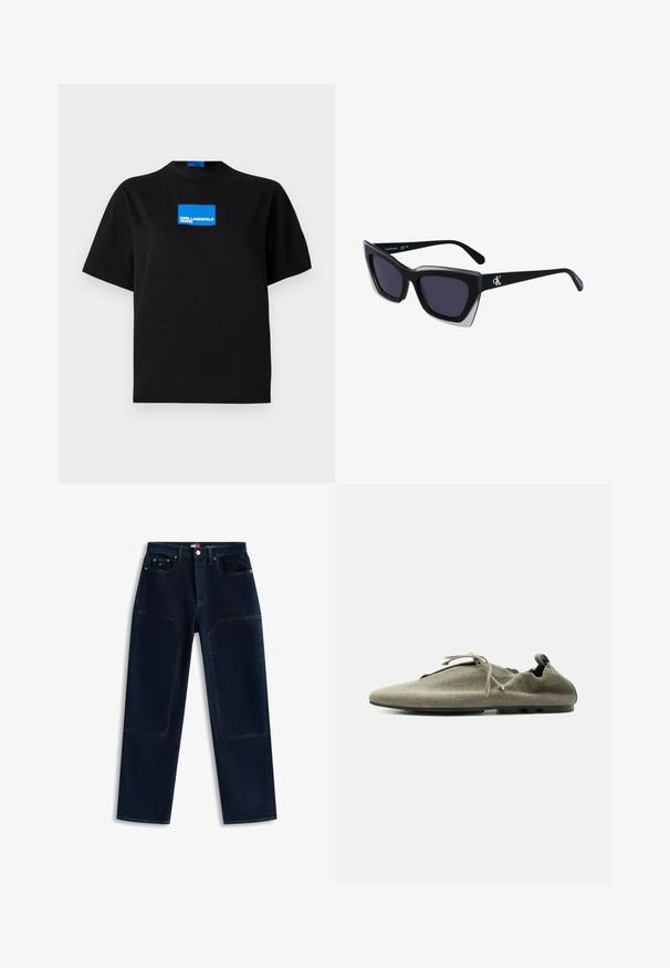 Čierne bavlnené tričko s okrúhlym výstrihom, na prednej strane s modrým obdĺžnikovým grafickým logom s nápisom "KARL LAGERFELD JEANS".; Tmavomodré rifle s rovnými nohavicami, zosilnenými záplatami na kolenách, predným gombíkom a zipsom a viacerými vreckami vrátane malej mincovnej kapsy.; Svetlo olivovo zelená mäkká textilná obuv s tenkou podrážkou a šnúrkami, zobrazená v bočnom profile na jednobielom pozadí.; Čierne oversized slnečné okuliare s geometrickým tvarom, s tmavými šošovkami a kontrastným šedým detailom na ráme. Logo na mostíku.
