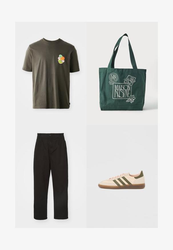 Camiseta de algodón verde oliva oscura con cuello redondo. Presenta un diseño impreso colorido de formas circulares en el área del lado izquierdo del pecho.; Pantalones negros de tela suave, con cierre de botón, corte recto y dos pliegues frontales que añaden detalle.; Zapatilla Adidas Spezial beige de perfil bajo con rayas verdes, suela de goma y la marca "SPEZIAL" en el lateral, vista desde el lado exterior.; Bolso tote verde oscuro con asas anchas que presenta texto gráfico en blanco: "Maison Kitsuné", "Tokio París" y "Palais Royal" con adornos florales.