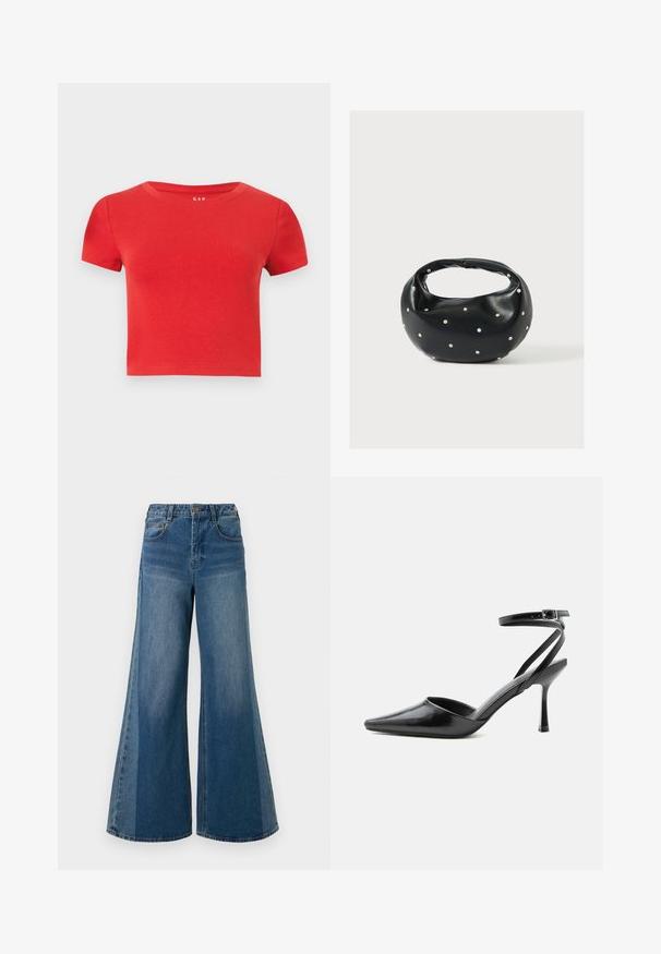 T-shirt rouge en coton à manches courtes avec un col rond et une coupe ajustée. Texture lisse avec un minimum de détails.; Jean en denim à larges jambes dans un lavage bleu foncé, avec taille haute, cinq poches et fermeture à bouton classique. Texture lisse avec un minimum de décoloration.; Escarpin noir à bout pointu avec fines brides de cheville et fermeture à boucle argentée sur fond clair uni.; Sac à main en cuir noir de forme arrondie, décoré de clous argentés et équipé d'une poignée courte. Texture lisse et fermeture éclair.