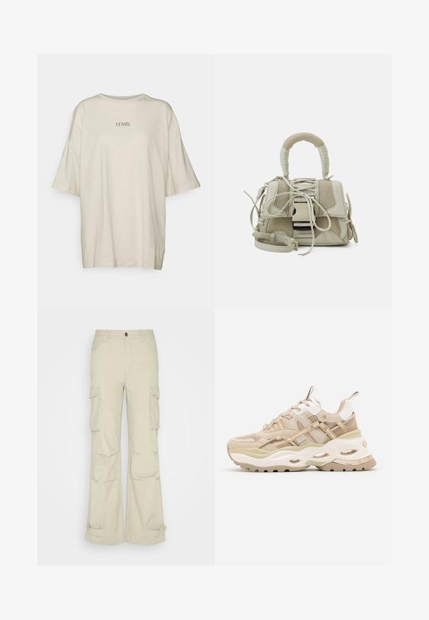 Cremefarbenes, oversized T-Shirt aus weichem Stoff, mit Rundhalsausschnitt und kurzen Ärmeln. In der Mitte steht der schwarze Text „VENUS.“; mbyM JAINE - Cargohose - gray sand; Beige-weißer klobiger Sneaker mit dicker Sohle, Mesh- und Lederpaneelen, ovalen Aussparungen in der Zwischensohle, Zuglaschen an Zunge und Ferse.; Beige Handtasche mit einem strukturierten Mesh-Design, einer klaren Form, einem oberen Griff und einem abnehmbaren Riemen; verfügt über Schnürdetails und Hardware-Akzente.