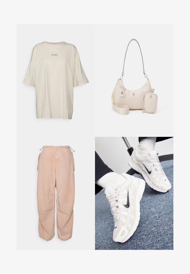Crèmewit oversized t-shirt van zachte stof, met een ronde hals en korte mouwen. In het midden staat in zwarte tekst "VENUS."; BDG Urban Outfitters BAGGY CARGO - Relaxed fit jeans - acid pink; Witte en beige Nike sneakers met een mesh bovenwerk, textuur overlay, zwarte swoosh en een gevoerde zool met een gripzool.; Beige leren handtas met een gebogen vorm, kettingriem, zilveren hardware en een afneembare kleine tas. Gestructureerde riem met logo-patroon.