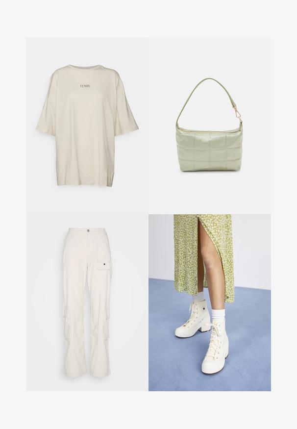 Cremefarbenes, oversized T-Shirt aus weichem Stoff, mit Rundhalsausschnitt und kurzen Ärmeln. In der Mitte steht der schwarze Text „VENUS.“; Cotton On HAYDEN PANT - Cargohose - dove grey; Weiße hohe Plateausneaker mit Schnürsenkeln und silbernen Ösen, kombiniert mit weißen Crew-Socken, vor einem hellblauen Boden.; Gepolsterte grüne Schultertasche mit weicher Textur, rechteckiger Form, einem Trageriemen und goldfarbener Reißverschlussöffnung. Verfügt über ein gestepptes Muster.