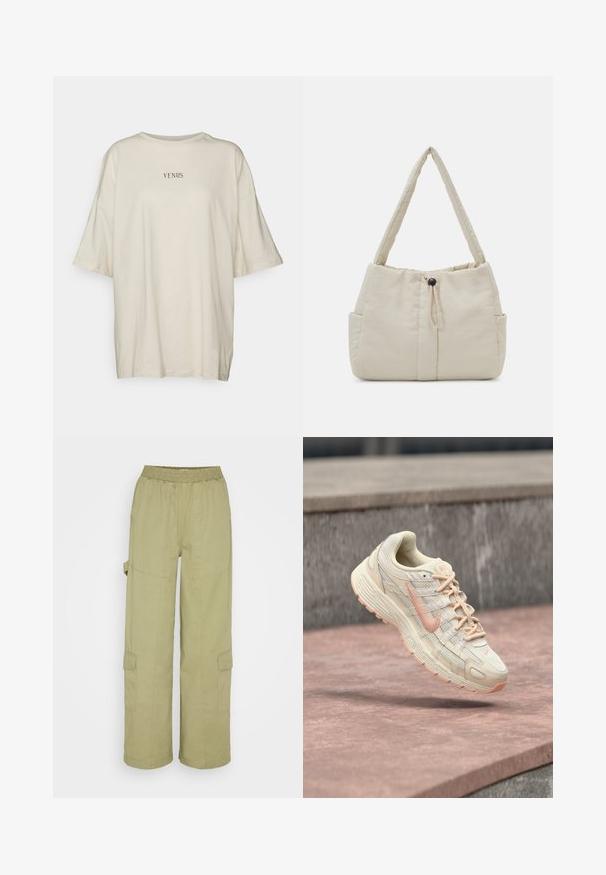 Cremefarbenes, oversized T-Shirt aus weichem Stoff, mit Rundhalsausschnitt und kurzen Ärmeln. In der Mitte steht der schwarze Text „VENUS.“; Cotton On QUINN PANT - Cargohose - moss green; Cremefarbener und pfirsichfarbener Nike-Sneaker mit strukturierter Sohle und Schnürsenkeln, in der Luft schwebend über einer Steinoberfläche vor einem Betonhintergrund aufgenommen.; Even&Odd by Zalando Handtasche - off-white