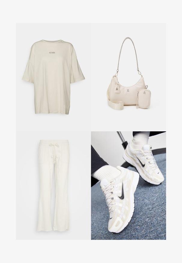 Cremefarbenes, oversized T-Shirt aus weichem Stoff, mit Rundhalsausschnitt und kurzen Ärmeln. In der Mitte steht der schwarze Text „VENUS.“; Leinenmischung, cremefarbene Hose mit einem ausgestellten Design. Verfügt über einen elastischen Bund, eine Kordelzugbindung und zwei Vordertaschen.; Weiße und beige Nike-Sneaker mit einem Obermaterial aus Mesh, strukturiertem Overlay, schwarzem Swoosh und einer gepolsterten Sohle mit rutschfester Außensohle.; Beige Lederhandtasche mit einer geschwungenen Form, Kettenriemen, silberner Hardware und abnehmbarem kleinem Täschchen. Texturiertes Band mit Logo-Muster.