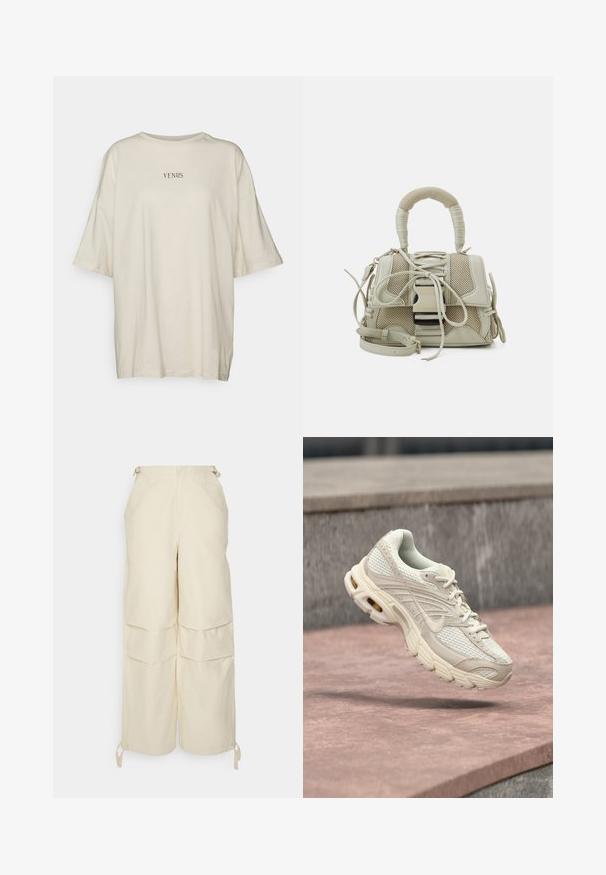 Cremefarvet oversized t-shirt lavet af blødt stof, med rund hals og korte ærmer. Centreret sort tekst, der siger "VENUS."; WRSTBHVR ZERA PANTS EGGSHELL WOMEN - Bukser - off white; Lysebeige atletiksko med mesh-overdel, rundet tå og struktureret mellemsål. Har polstret krave og snørebånd med et diskret logo.; Beige håndtaske med et struktureret mesh-design, en fast form, en håndtag på toppen og en aftagelig rem; har snører detaljer og hardware accenter.
