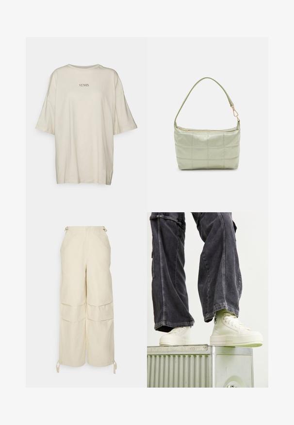 Crèmewit oversized t-shirt van zachte stof, met een ronde hals en korte mouwen. In het midden staat in zwarte tekst "VENUS."; WRSTBHVR ZERA PANTS EGGSHELL WOMEN - Broek - off white; Hoge sneakers in off-white canvas met rubberen zolen, gedetailleerde stiksels en een circulair logo, gecombineerd met donkergrijze wijde cargobroeken.; Gewatteerde groene schoudertas met een zachte textuur, rechthoekige vorm, enkele schouderriem en een ritsluiting in goudkleur. Voorzien van een gewatteerd patroon.