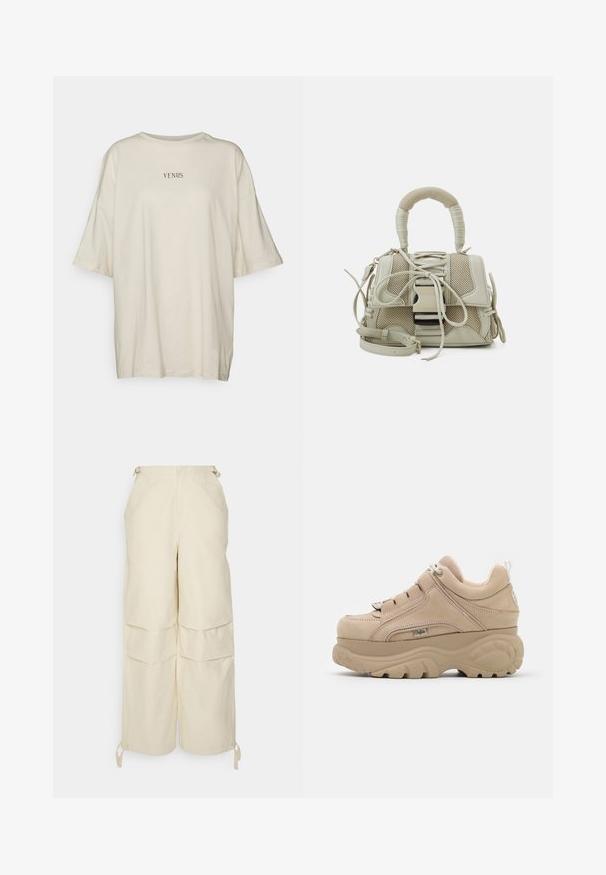 Cremefarvet oversized t-shirt lavet af blødt stof, med rund hals og korte ærmer. Centreret sort tekst, der siger "VENUS."; WRSTBHVR ZERA PANTS EGGSHELL WOMEN - Bukser - off white; Beige ruskinds sneakers med en tykk, tekstureret sål og polstret krave. Har runde snørebånd og branding på siden.; Beige håndtaske med et struktureret mesh-design, en fast form, en håndtag på toppen og en aftagelig rem; har snører detaljer og hardware accenter.