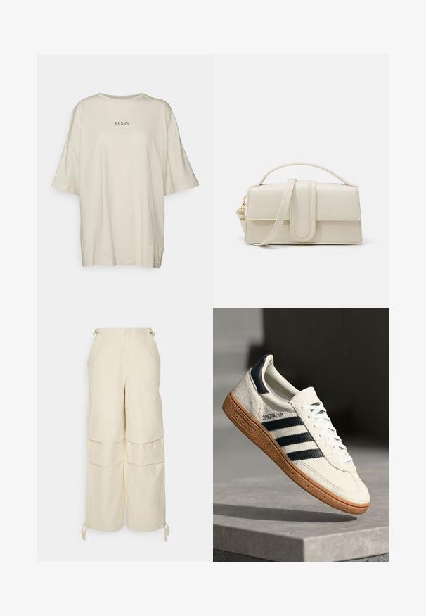 Cremefarvet oversized t-shirt lavet af blødt stof, med rund hals og korte ærmer. Centreret sort tekst, der siger "VENUS."; WRSTBHVR ZERA PANTS EGGSHELL WOMEN - Bukser - off white; Hvide ruskinds sneakers med marineblå striber, gummisål, struktureret overdel, rund tå og snøring; har branding på siden og tungen.; Cremefarvet læderhandbag med rektangulær form, flad hank og aftagelig rem; har en frontklap med magnetlukning.