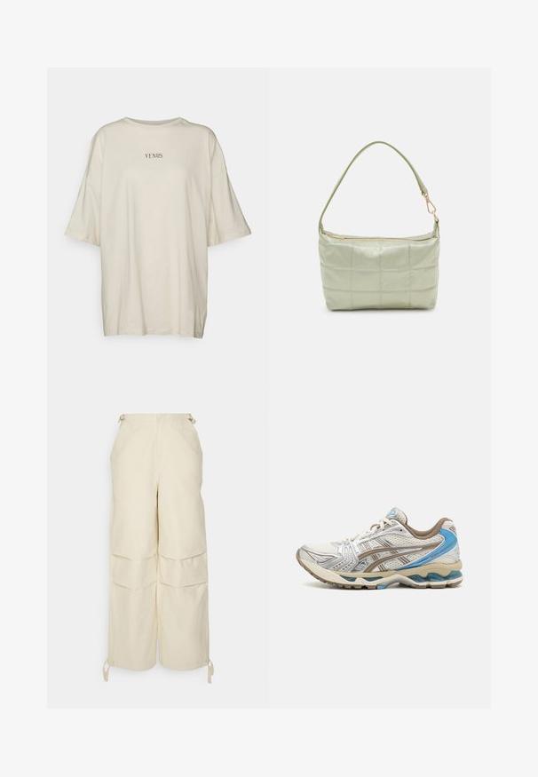 Cremefarbenes, oversized T-Shirt aus weichem Stoff, mit Rundhalsausschnitt und kurzen Ärmeln. In der Mitte steht der schwarze Text „VENUS.“; WRSTBHVR ZERA PANTS EGGSHELL WOMEN - Stoffhose - off white; Weißer und beiger Laufschuh mit blauen Akzenten, Mesh-Obermaterial, gepolsterter Sohle und Schnürdesign, von der Außenseite gezeigt.; Gepolsterte grüne Schultertasche mit weicher Textur, rechteckiger Form, einem Trageriemen und goldfarbener Reißverschlussöffnung. Verfügt über ein gestepptes Muster.