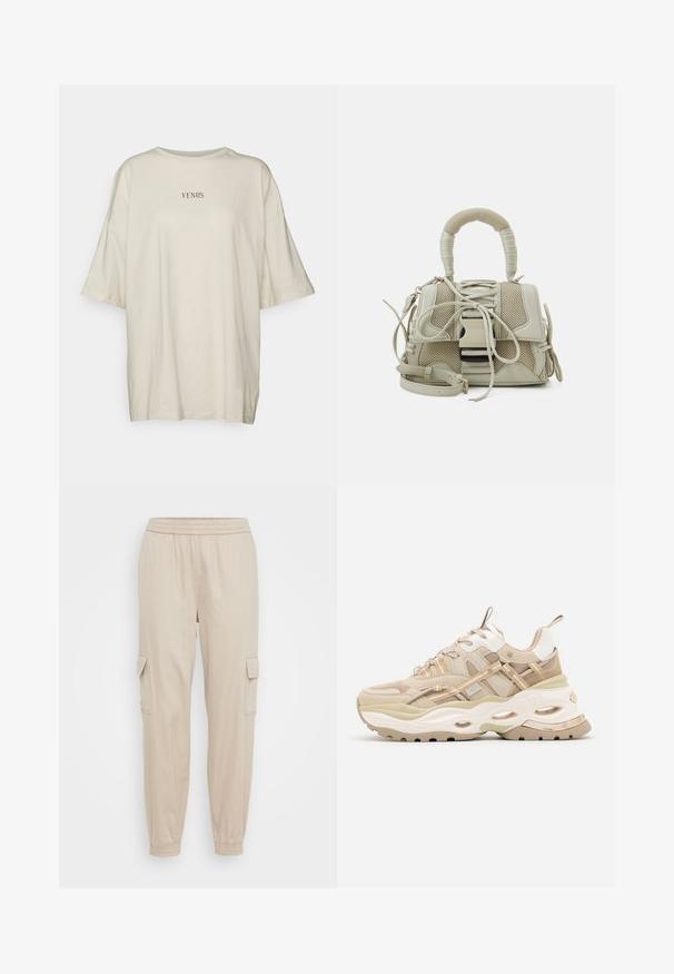 Cremefarvet oversized t-shirt lavet af blødt stof, med rund hals og korte ærmer. Centreret sort tekst, der siger "VENUS."; Beige cargo bukser med elastisk talje, tapered ben og sidelommer. Glat stoftekstur med en afslappet pasform. Minimalistisk design.; Beige og hvide chunky sneakers med tyk sål, mesh- og læderpaneler, ovale udskæringer i mellemsålen, trækstropper på tunge og hæl.; Beige håndtaske med et struktureret mesh-design, en fast form, en håndtag på toppen og en aftagelig rem; har snører detaljer og hardware accenter.