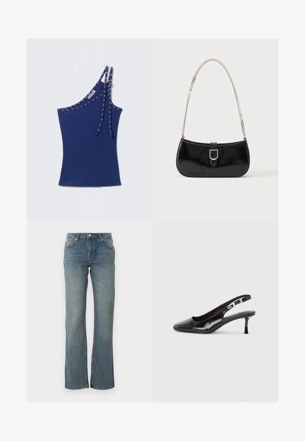 Haut asymétrique bleu marine sans manches avec double bretelles et œillets argentés le long des bords et des bretelles.; Un jean en denim bleu clair présente une coupe droite, un design à cinq poches et des accents en métal cuivré. Le tissu a une finition légèrement texturée.; Chaussure slingback en cuir verni noir avec bout pointu, boucle argentée et talon kitten de hauteur moyenne sur un fond clair uni.; Sac à épaule en cuir verni noir avec détail de boucle argentée et bandoulière en chaîne argentée, présenté sur un fond uni clair.