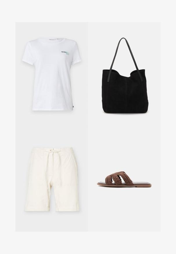 T-shirt en coton blanc à manches courtes, avec "SUMMER CLUB" brodé en turquoise et vert sur la partie gauche de la poitrine. Encolure ronde classique.; Shorts mi-longs blanc cassé avec taille élastique, cordon de serrage, poches avant et coupe décontractée en tissu léger.; Sandale plate à enfiler avec trois larges brides tressées marron et une semelle fine, vue de profil sur un fond uni.; Sac fourre-tout en suède noir avec deux longues anses en cuir plates. Présente un bord supérieur incurvé et des coutures visibles sur le devant. Pas d'accents en métal.