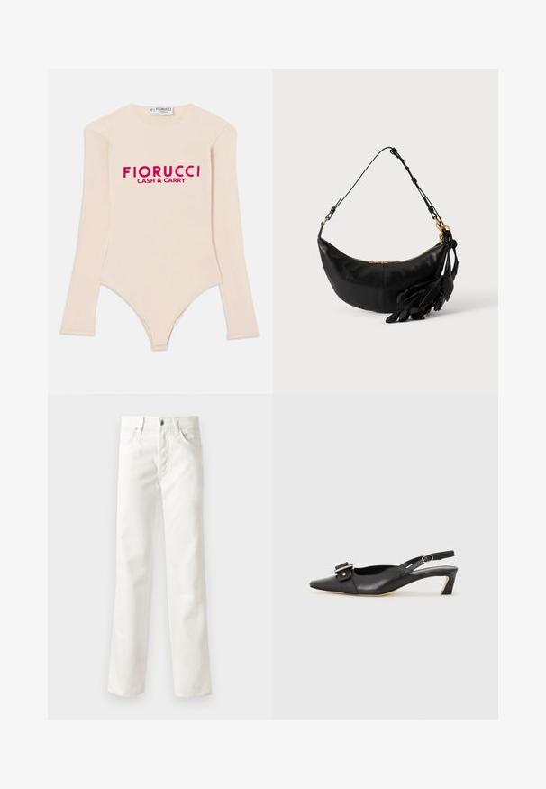 Bodysuit nude de manga larga fabricado en tejido suave, con escote en forma de barco y el llamativo logo en rosa "Fiorucci CASH & CARRY" en el pecho.; Jeans de mezclilla blanca con diseño de pierna recta, cinco bolsillos, cierre de botón y textura sutil. Terminados con pasadores para cinturón y dobladillo estándar.; Zapato slingback de cuero negro con punta afilada, tacón pequeño y detalle de hebilla decorativa en la parte superior. Textura suave, diseño minimalista.; Bolso de hombro de cuero negro en forma de media luna con correa ajustable, cremallera dorada y borlas decorativas de cuero en forma de hoja en un lado.