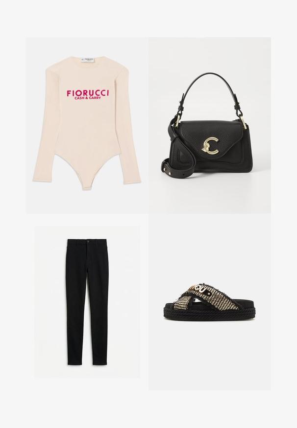 Body à manches longues de couleur chair en tissu doux, avec un col en scoop et un logo rose vif "Fiorucci CASH & CARRY" sur la poitrine.; Jean skinny noir à taille haute avec passants de ceinture, bouton avant et fermeture éclair, présenté à plat sur un fond blanc.; Sandales à plateforme noires avec des brides en tissu tissé présentant un bord effiloché. Comprend un détail de logo métallique et une semelle style jute tressé.; Sac à main en cuir noir avec une finition texturée, doté d'un fermoir en métal doré, d'une anse supérieure et d'une bandoulière réglable.