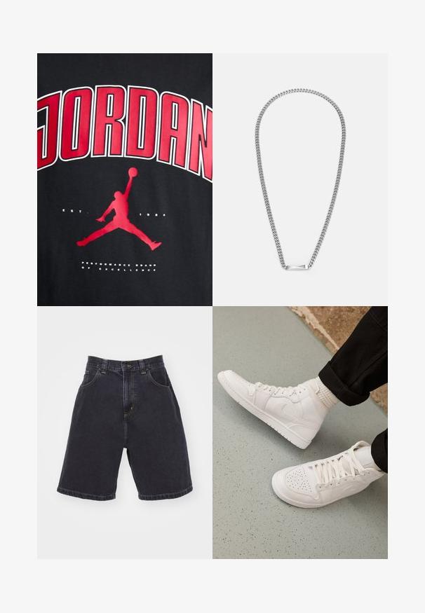 Camiseta negra con el texto en rojo "JORDAN" en negrita, la silueta de una figura saltando y "EST. 1984" en blanco debajo del gráfico.; Shorts de mezclilla oscura con cintura alta, que cuentan con dos bolsillos frontales, costuras amarillas en contraste y un corte recto con un acabado doblado.; Zapatillas altas blancas hechas de cuero suave con puntera perforada, cierre de cordones y sutil detalle del logo en el lateral. Suela de goma texturizada.; Collar de cadena de metal plateado con un centro rectangular plano. La cadena tiene un diseño clásico con eslabones entrelazados y una textura suave.