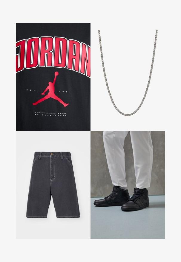 Camiseta negra con el texto en rojo "JORDAN" en negrita, la silueta de una figura saltando y "EST. 1984" en blanco debajo del gráfico.; Pantalones cortos de mezclilla gris oscuro con un ajuste relajado, que cuentan con un cierre de botón, pasadores para cinturón y costuras blancas sutiles. No hay bolsillos visibles.; Zapatillas altas negras de cuero suave, con punta redonda y cierre de cordones; combinadas con pantalones blancos ajustados, exhibidas sobre un suelo texturizado.; Collar de cadena de metal con un diseño trenzado, color plata, textura suave y eslabones uniformes, adecuado para varios estilos y ocasiones.
