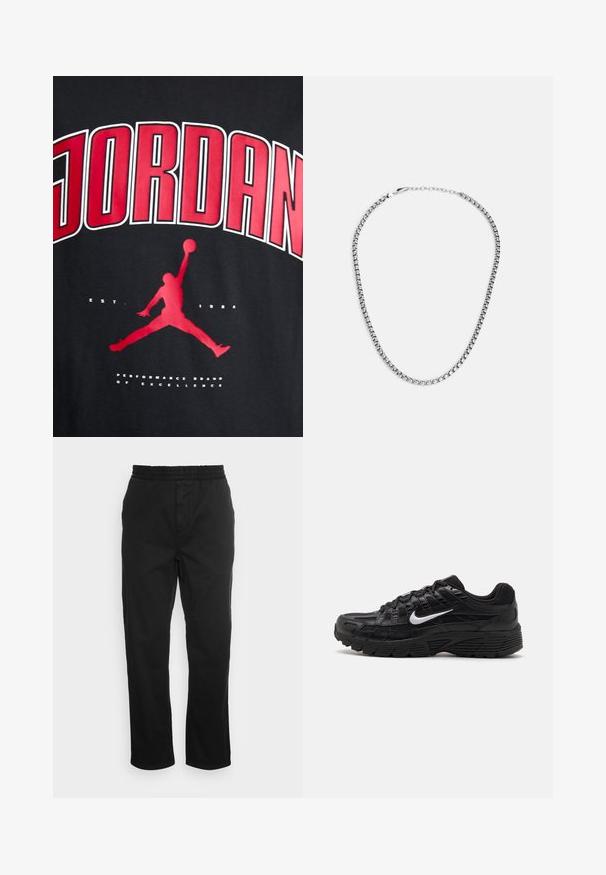 Camiseta negra con el texto en rojo "JORDAN" en negrita, la silueta de una figura saltando y "EST. 1984" en blanco debajo del gráfico.; Pantalones de algodón negros con cintura elástica, piernas rectas y bolsillos laterales. Textura suave sin patrones ni acentos.; Zapatillas deportivas negras con parte superior de malla texturizada y suela de goma. Iconico logo de swoosh blanco en el lado, con diseño de cordones.; Fossil JEWELRY NECKLACE - Collar - silver-coloured