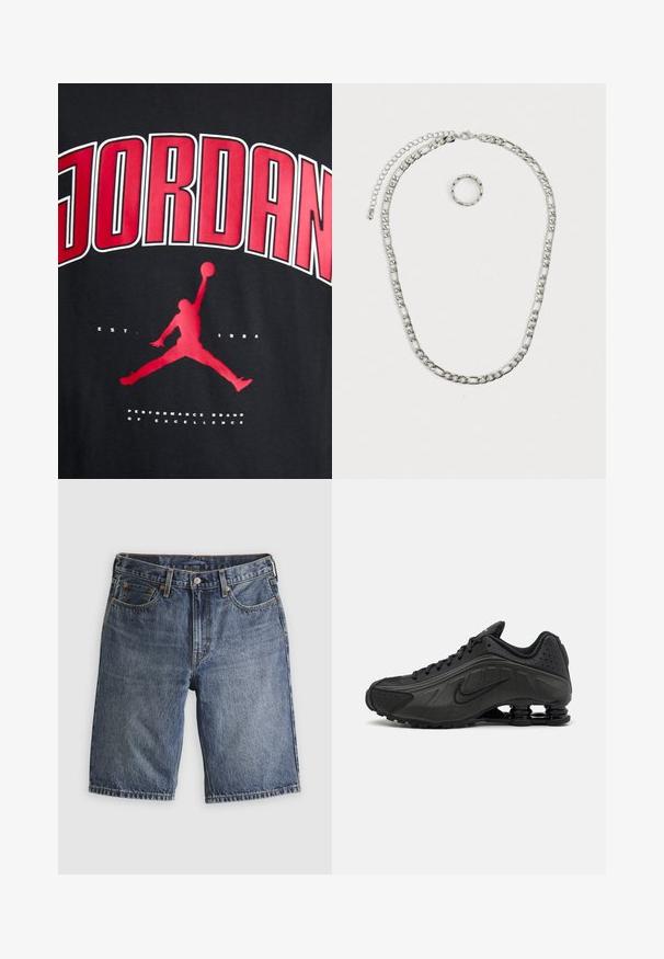 Sort t-shirt med fed rød "JORDAN" tekst, silhuet af en springende figur, og "EST. 1984" i hvid under grafikken.; Blå cowboyshorts med forlommer, bæltestropper og knaplukning, lagt fladt på en lys baggrund.; Sorte løbesko med en glat syntetisk overdel, perforerede detaljer, teksturerede sidedele og en distinkt fjedrende sål.; Sølvfarvet smykkesæt bestående af en tyk kædene med en hummerlås og en tilhørende tekstureret ring. Begge dele er skinnende og metalliske.