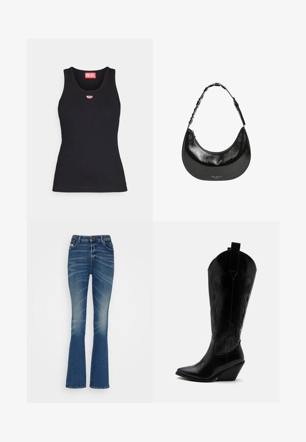Schwarzes Tanktop aus Baumwolle mit rundem Ausschnitt, das ein kleines rotes Logo auf der Brust und eine taillierte Passform aufweist.; Ausgestellte Denim-Jeans in mittlerem Blau mit Abnutzungseffekten. Verfügt über einen Knopfverschluss, fünf Taschen und eine klassische, taillierte Silhouette.; Schwarzer Leder-Cowboystiefel mit spitzer Zehe, schrägem Blockabsatz, dekorativer Naht und Zuglaschen oben vor weißem Hintergrund.; Pepe Jeans GRACEY - Handtasche - black