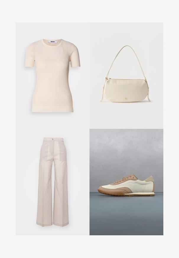Creme ribbet kortærmet top med rund hals. Fremstillet af et blødt materiale, som har en tætsiddende pasform og en subtil tekstur. DKNY mærket synligt.; Beige brede bukser lavet af et letvægtigt vævet stof, med høj talje, enkelt frontknaplukning og en subtil tekstur.; Sneaker i creme og beige med tekstureret overdel, snørebånd og gummisål, vist oven på en træoverflade med småsten.; Kræmmerhvid lille skuldertaske med enkelt rem, lynlås og diskret gyldent mærkelogo på forsiden.