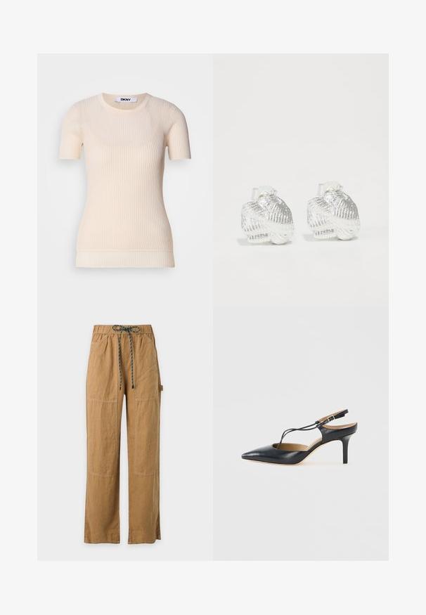 Haut court à rayures crèmes avec un col rond. Fabriqué à partir d'un matériau doux, il présente une silhouette ajustée et une texture subtile. Étiquette DKNY visible.; Pantalon droit marron clair avec taille élastique et cordon foncé, poches avant et coutures visibles.; Chaussure à talon haut en cuir noir, à bride slingback, avec un bout pointu et une fine lanière en T, sur un fond clair uni.; Boucles d'oreilles en argent en forme de coquillage avec des nervures texturées et des courbes lisses, dotées d'un dos transparent pour un port sécurisé.