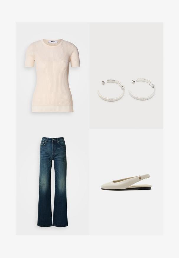 Creme ribbet kortærmet top med rund hals. Fremstillet af et blødt materiale, som har en tætsiddende pasform og en subtil tekstur. DKNY mærket synligt.; Bredde ben jeans i mørkeblå denim, med en falmet vask og subtile folder, klassisk fem-lommer design og knaplukning i taljen.; Flatsko i cremefarvet læder med rundet tå og lille guldemblem på remmen.; Sølvfarvede halvcirkelformede creoler med riflet tekstur og trykknapslukning på hvid baggrund.