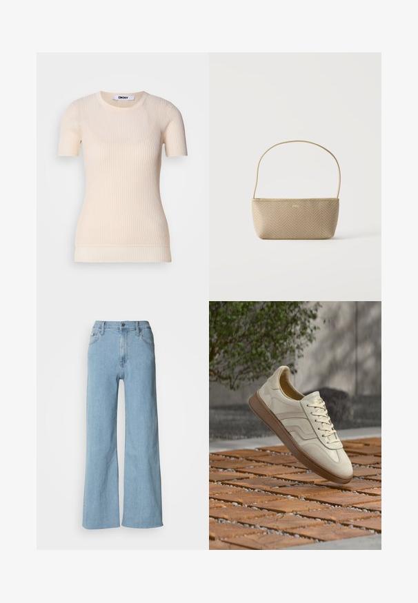 Crème ribfluwelen top met korte mouwen en een ronde halslijn. Gemaakt van een zachte stof, met een getailleerde pasvorm en een subtiele textuur. DKNY-label zichtbaar.; Lichtblauwe wijde jeans van denim, met een aansluitende taille, vijf-pocket ontwerp en subtiele stiksels.; Sneaker in roomkleur met een gestructureerde beige rubberen zool, vetersluiting en subtiele merkdetails aan de zijkant. Bovenwerk van glad leer.; Beige geweven handtas met dunne schouderriem en klein gouden "BOSS" logo aan de voorkant, getoond tegen een effen witte achtergrond.
