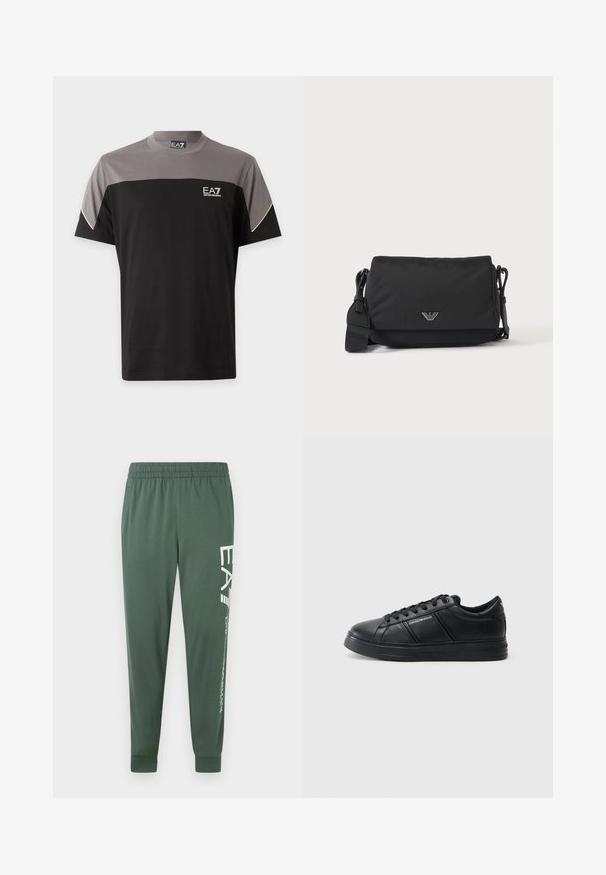 Μαύρο και γκρι T-shirt με κοντά μανίκια EA7 Emporio Armani με λογότυπο στο στήθος και λευκή επένδυση στα μανίκια.; Πράσινο αθλητικό παντελόνι με ελαστική μέση, στενή γραμμή και λευκό λογότυπο στο αριστερό πόδι· απαλό, ελαφρύ ύφασμα.; Μαύρο δερμάτινο αθλητικό παπούτσι με λεία φινίρισμα, στρογγυλή μύτη, κορδόνια μπροστά, μαξιλαράκι στον αστράγαλο και υφή στις πλευρές. Διακριτική λεπτομέρεια με λογότυπο ορατή.; Μαύρη τσάντα ώμου με ρυθμιζόμενο λουράκι και μικρό ασημί λογότυπο στην εμπρόσθια επικάλυψη, εμφανιζόμενη σε απλό φωτεινό φόντο.