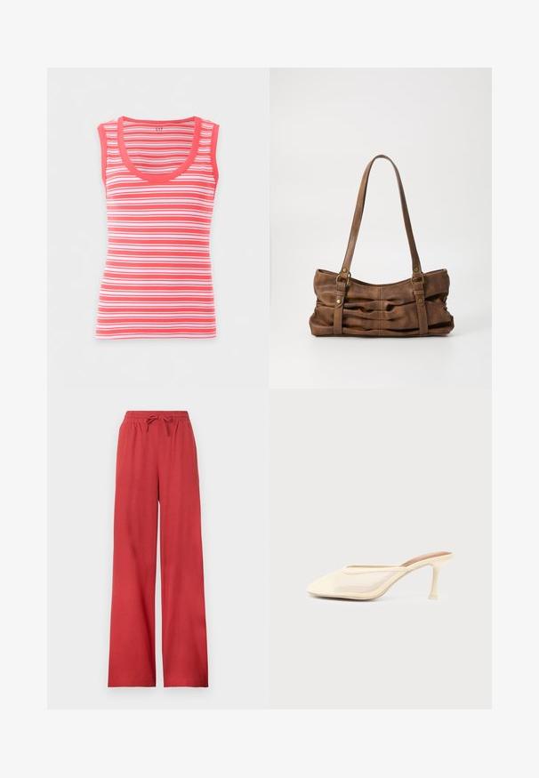 Débardeur côtelé sans manches avec des rayures horizontales corail, blanches et roses, et un col rond.; Pantalon rouge à jambes larges avec taille élastique et cordon, en tissu doux.; Mule à talons hauts couleur crème avec bout pointu et panneaux latéraux en mesh, présentée sur un fond clair uni.; Even&Odd by Zalando Sac à main - brown