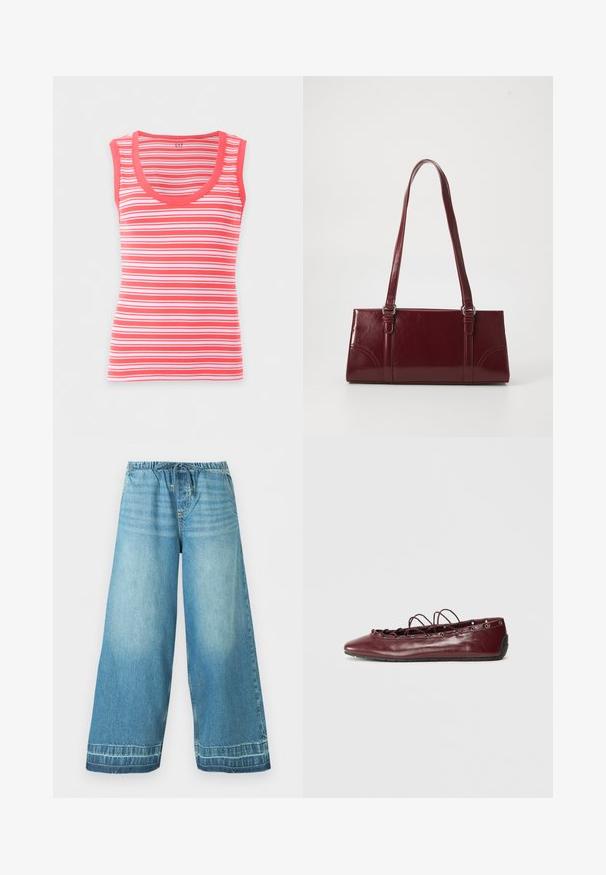 Débardeur côtelé sans manches avec des rayures horizontales corail, blanches et roses, et un col rond.; Pantalon en jean bleu clair à jambes larges avec une ceinture élastique et un cordon de serrage, poches avant et détails délavés subtils.; Femme ballerine en cuir bordeaux avec un bout pointu, des détails en dentelle sur le devant et des œillets en argent. Semelle souple pour plus de flexibilité et de confort.; Sac à main bordeaux en matériau brillant, de forme rectangulaire, avec deux anses et des accents légèrement courbés à l'avant.