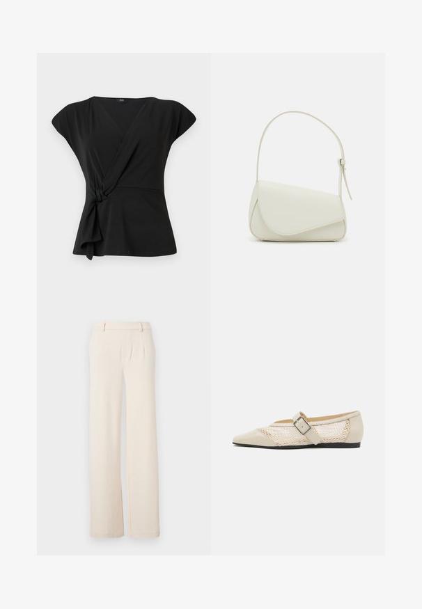Haut noir à manches courtes, avec un détail noué à la taille et un tissu lisse et extensible. Design en V.; Pantalons larges de couleur beige clair avec plis avant, texture lisse et poches latérales. Fabriqués dans un tissu doux avec un design ajusté.; Ballerines beiges à bout pointu avec un design à panneaux en maille, dotées d'une sangle à boucle et d'une semelle noire basse, mettant en avant un contraste de texture.; Sac à main en cuir synthétique blanc avec une forme triangulaire structurée, une bandoulière unique réglable et un rabat à courbes accentuées.
